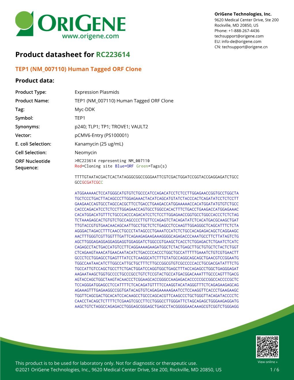 TEP1 (NM 007110) Human Tagged ORF Clone Product Data