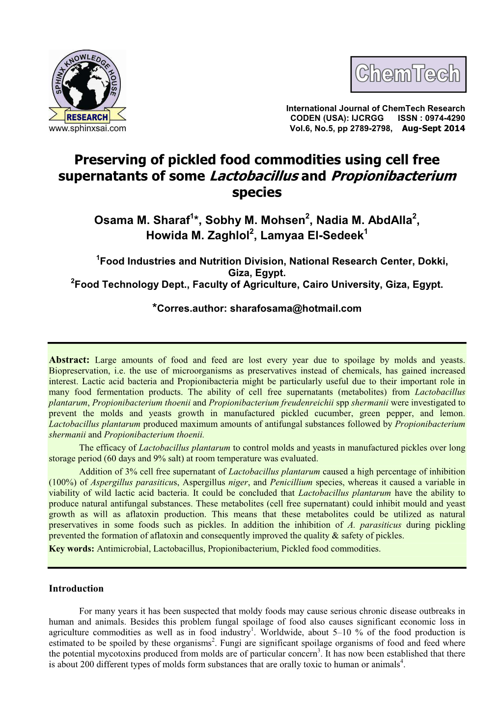 Preserving of Pickled Food Commodities Using Cell Free Supernatants of Some Lactobacillus and Propionibacterium Species