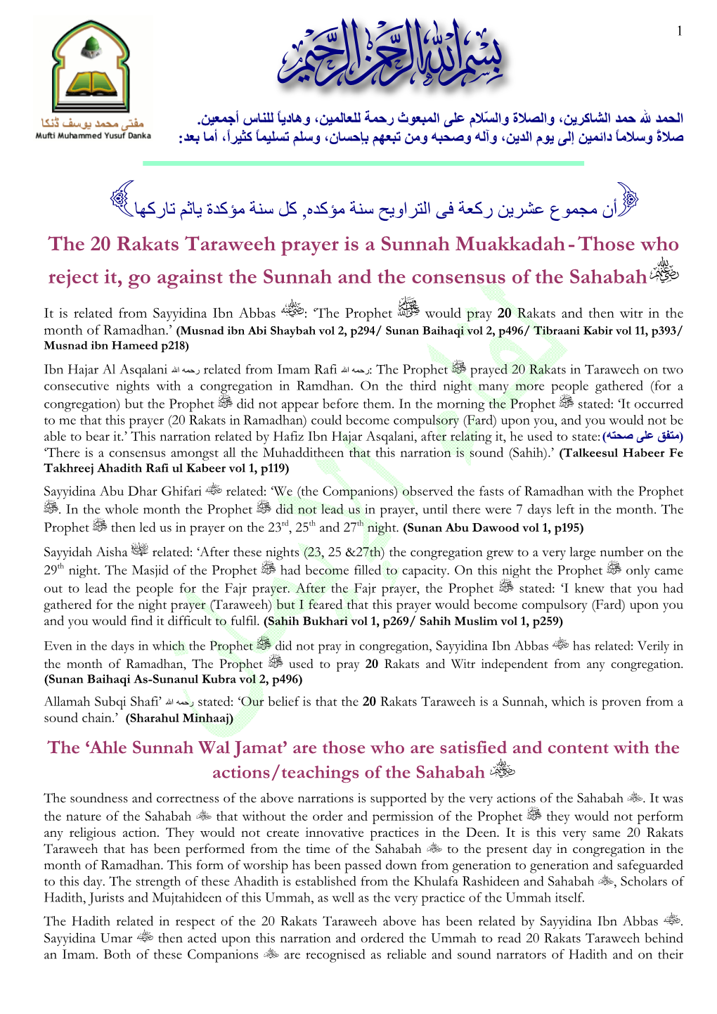 The 20 Rakats Taraweeh Prayer Is a Sunnah Muakkadah-Those Who