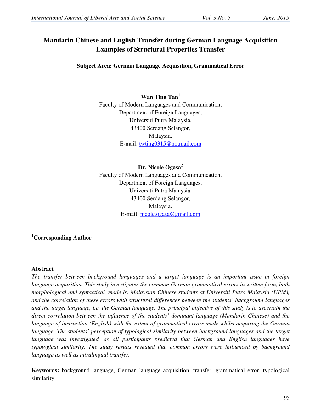 Mandarin Chinese and English Transfer During German Language Acquisition Examples of Structural Properties Transfer