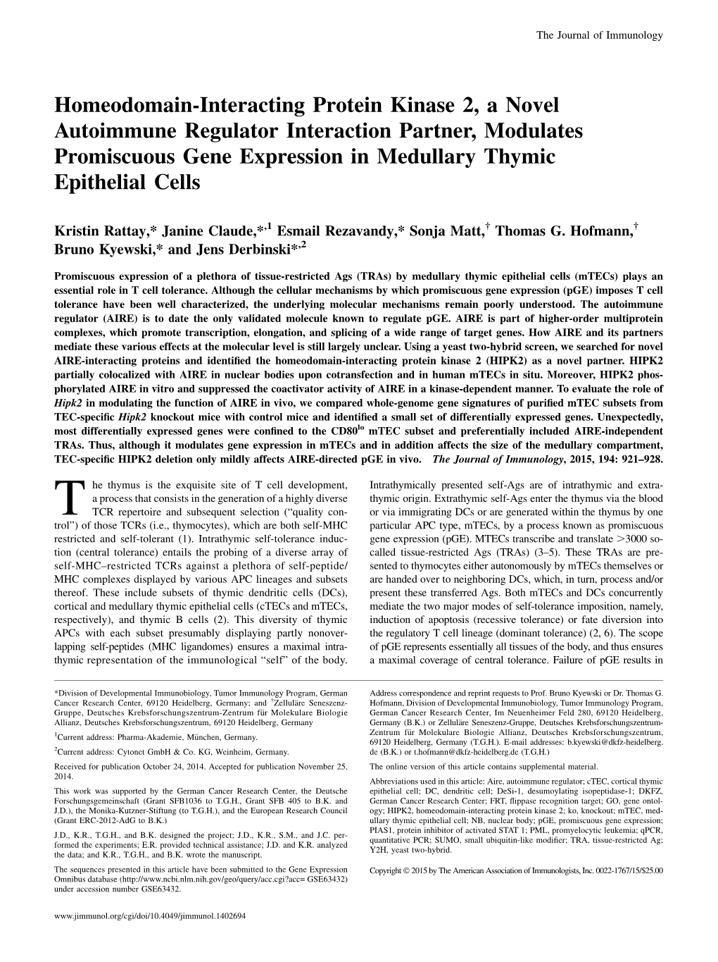 Cells Expression in Medullary Thymic Epithelial Partner, Modulates