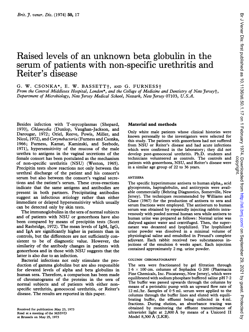 Raised Levels of an Unknown Beta Globulin in the Serum of Patients with Non-Specific Urethritis and Reiter's Disease