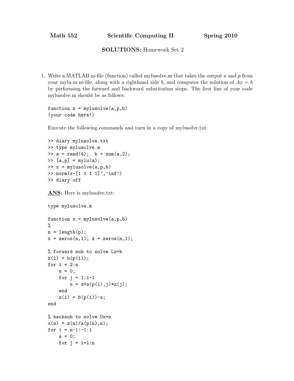 Math 552 Scientific Computing II Spring 2010 SOLUTIONS