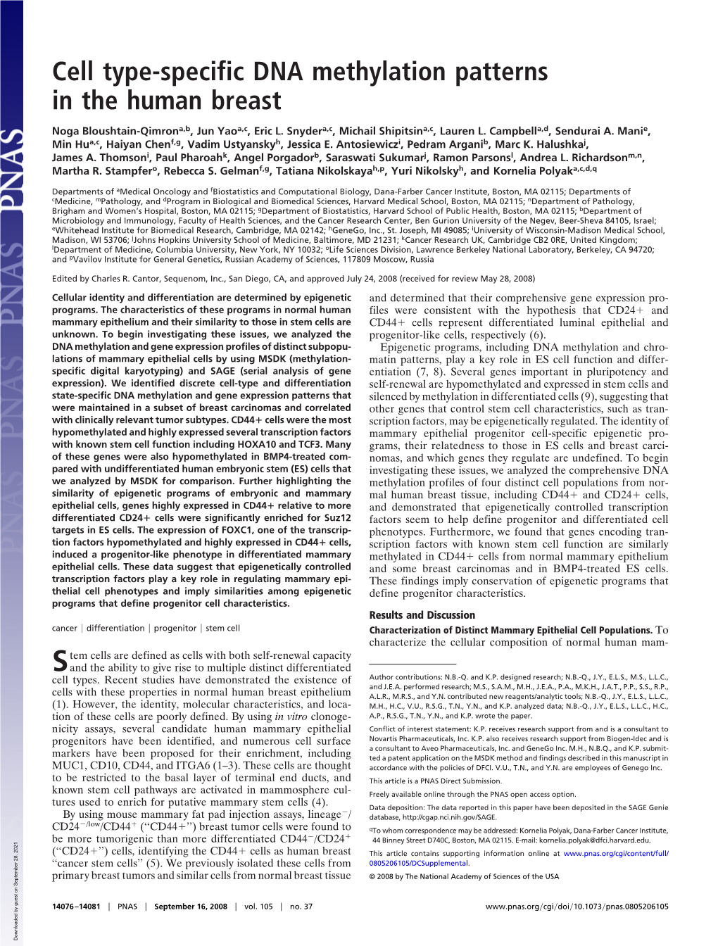 Cell Type-Specific DNA Methylation Patterns in the Human Breast