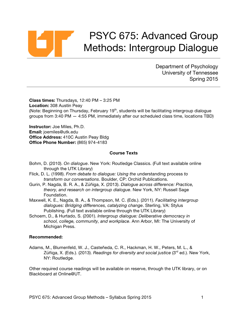 PSYC 675: Advanced Group Methods: Intergroup Dialogue