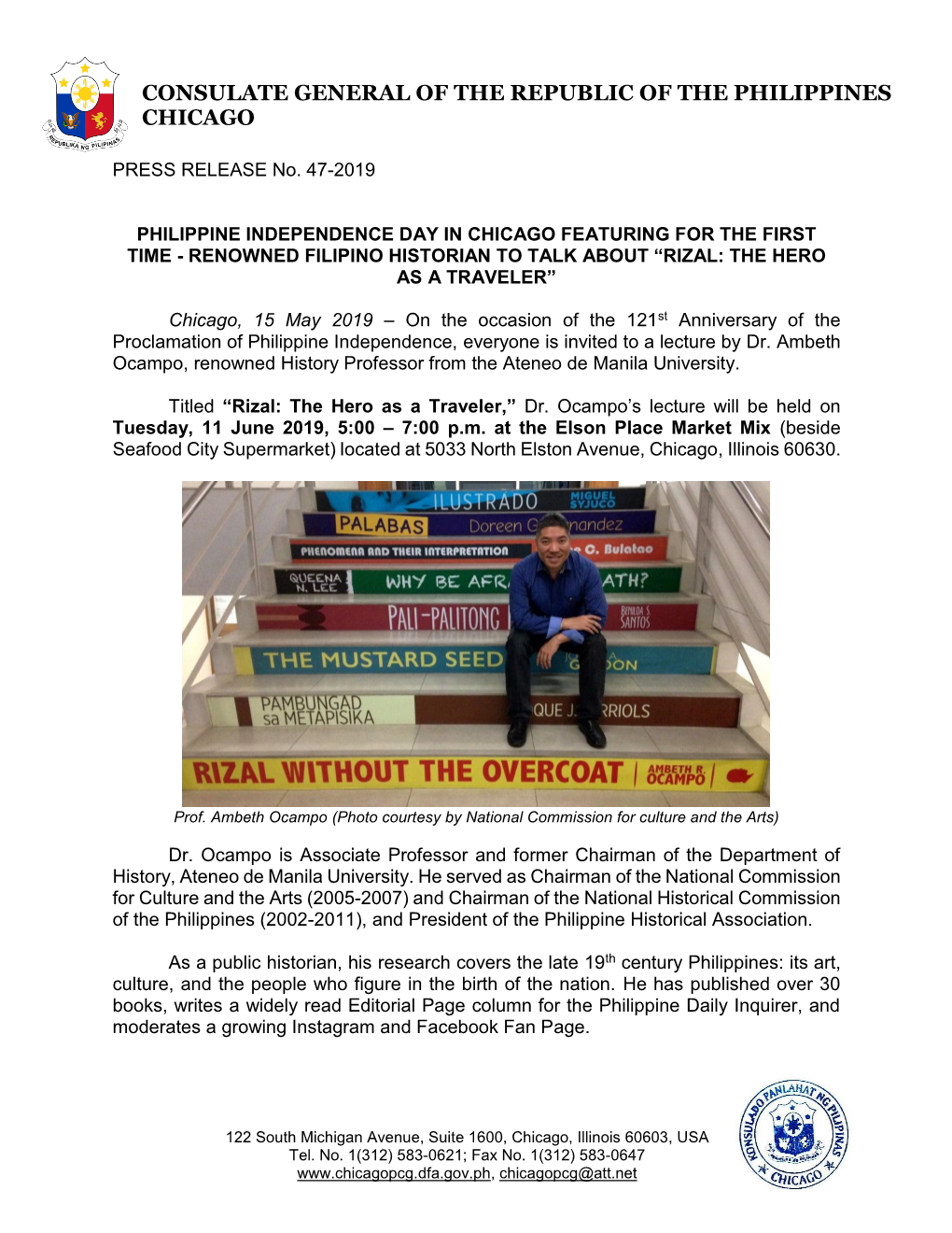 Renowned Filipino Historian to Talk About “Rizal: the Hero As a Traveler”