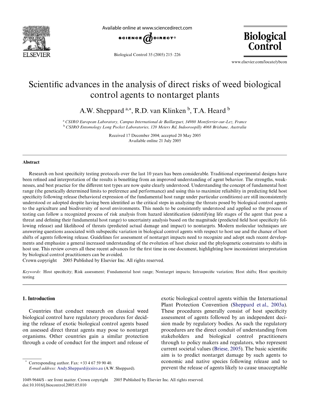 Scientific Advances in the Analysis of Direct Risks of Weed Biological