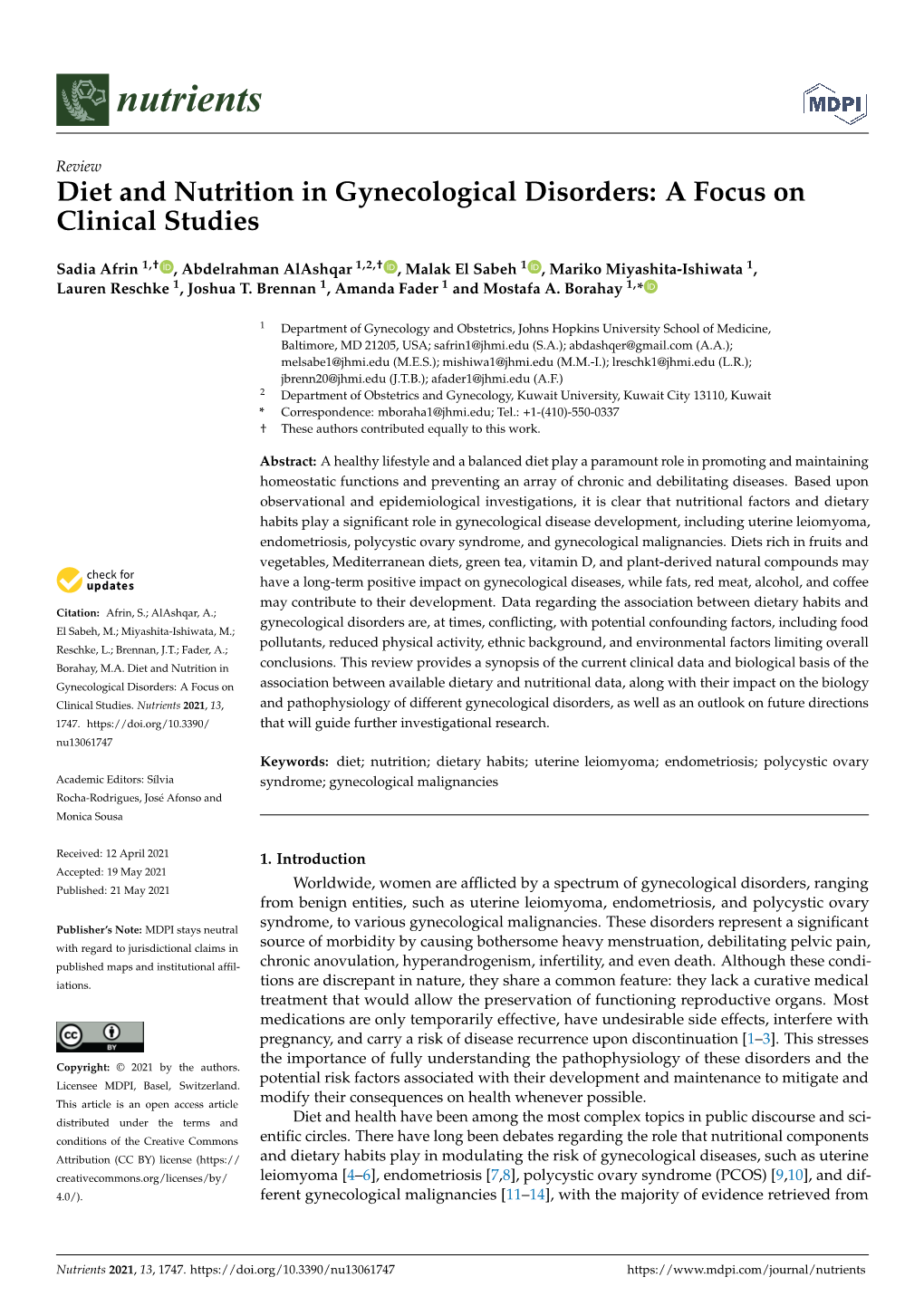 Diet and Nutrition in Gynecological Disorders: a Focus on Clinical Studies