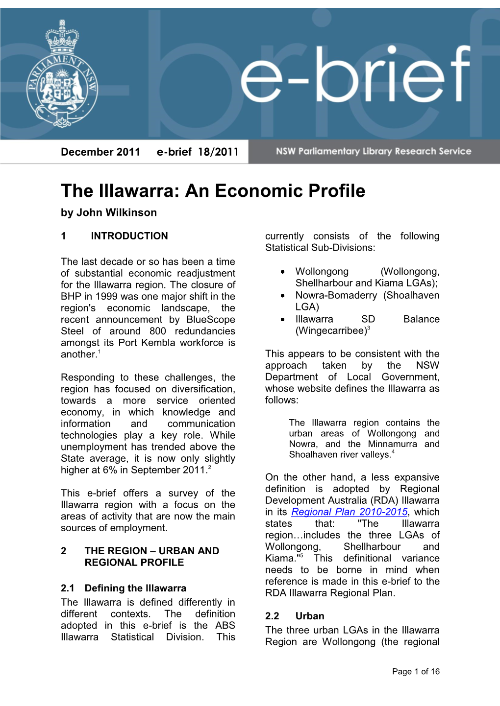 The Illawarra: an Economic Profile by John Wilkinson