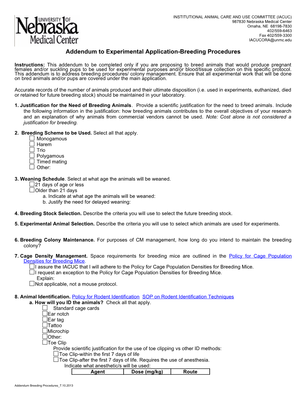Addendum to Experimental Application-Breeding Procedures