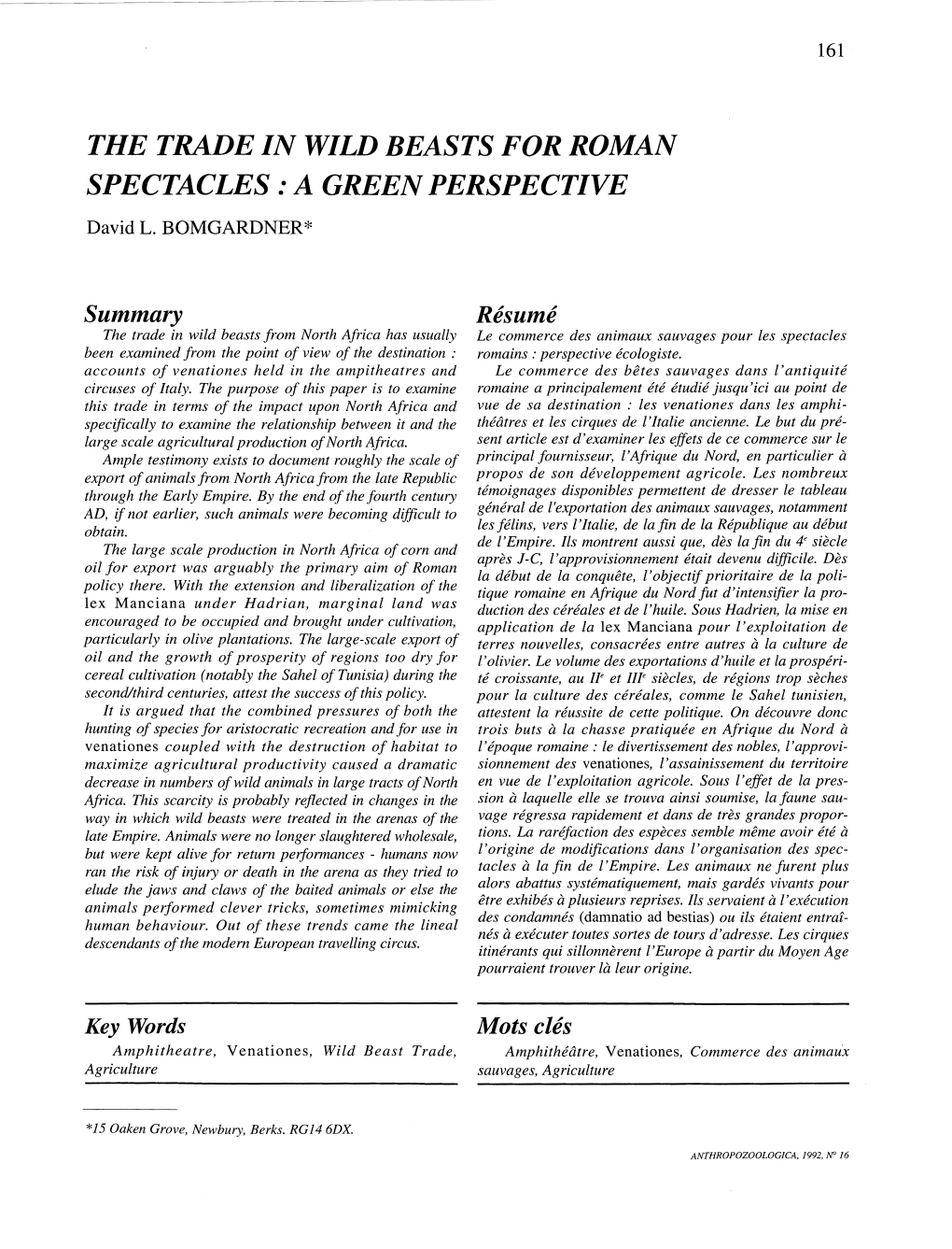 THE TRADE in WILD BEASTS for ROMAN SPECTACLES : a GREEN PERSPECTIVE David L