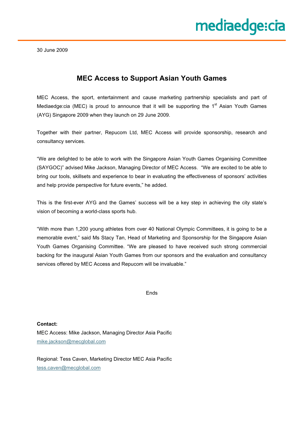 MEC Access to Support Asian Youth Games