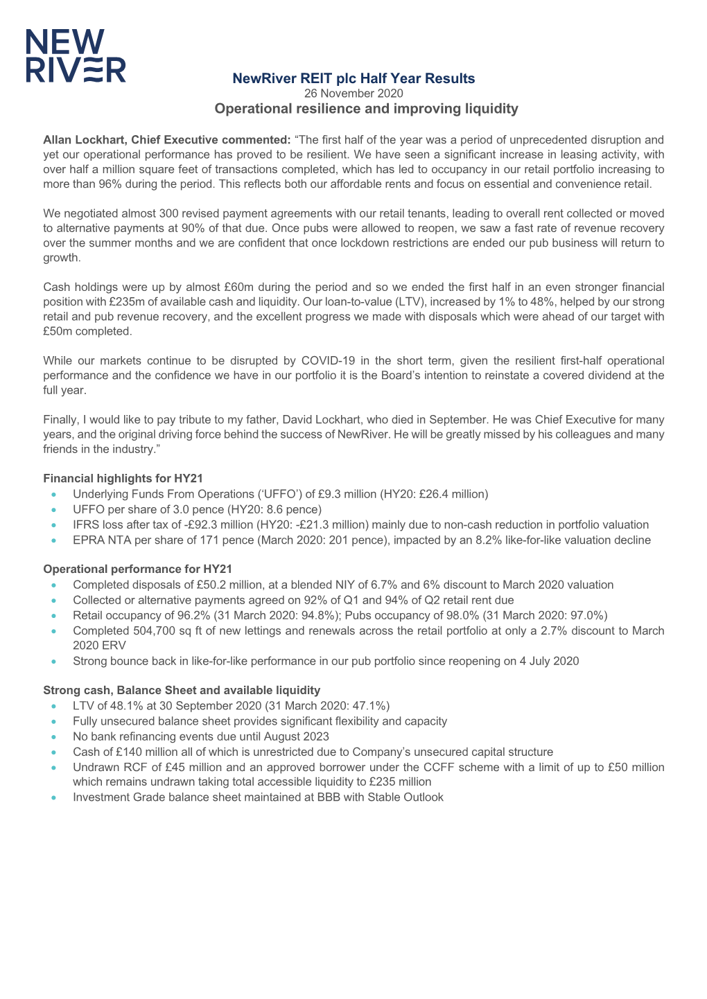 Newriver REIT Plc Half Year Results Operational Resilience and Improving Liquidity