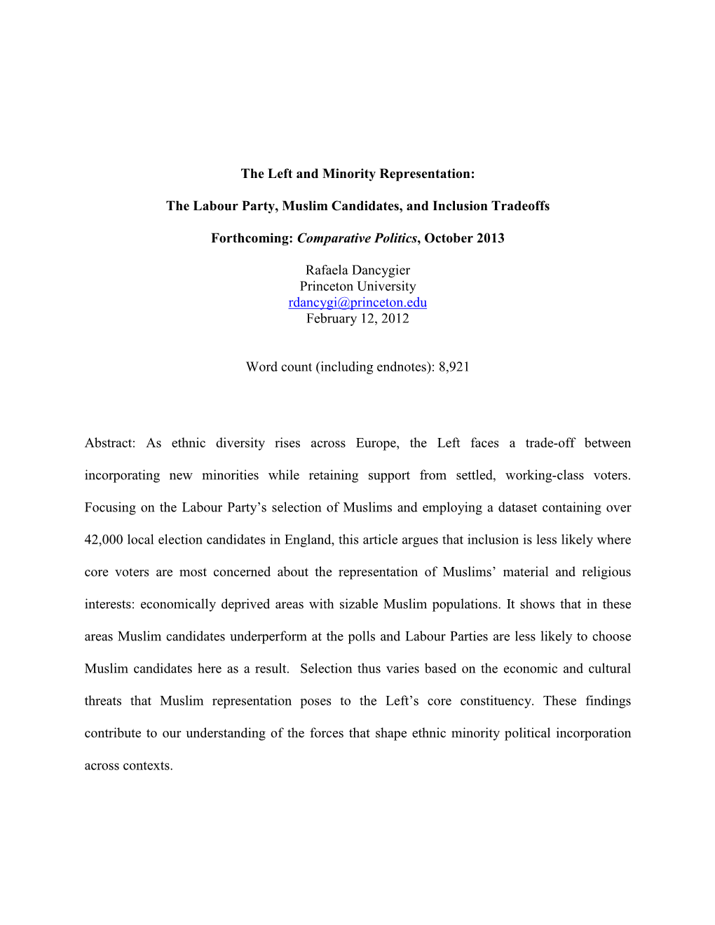 The Left and Minority Representation: the Labour Party, Muslim Candidates, and Inclusion Tradeoffs