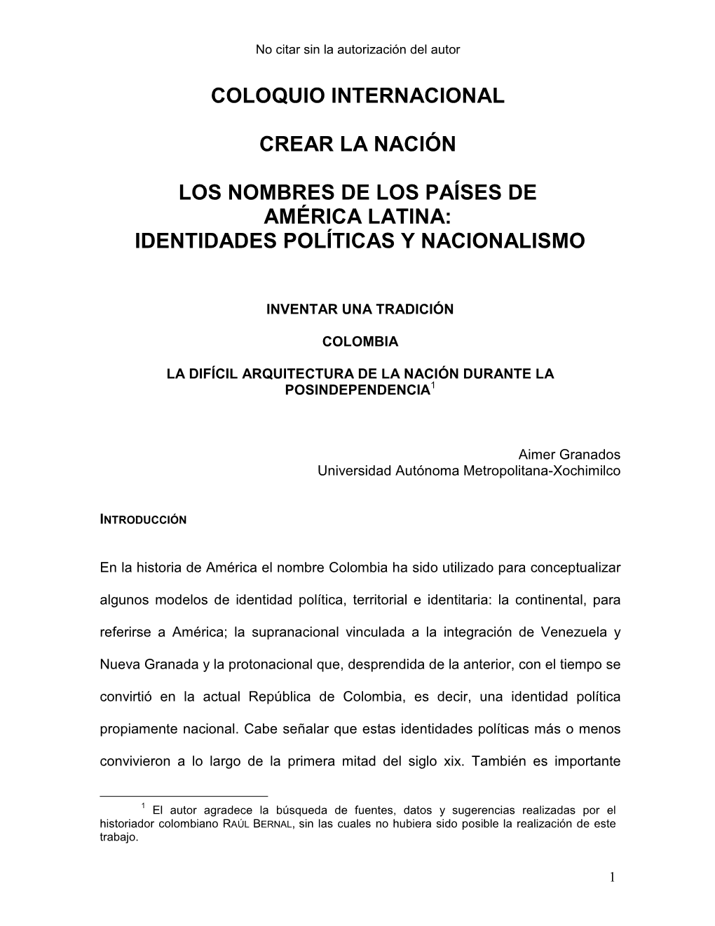 Coloquio Internacional Crear La Nación Los