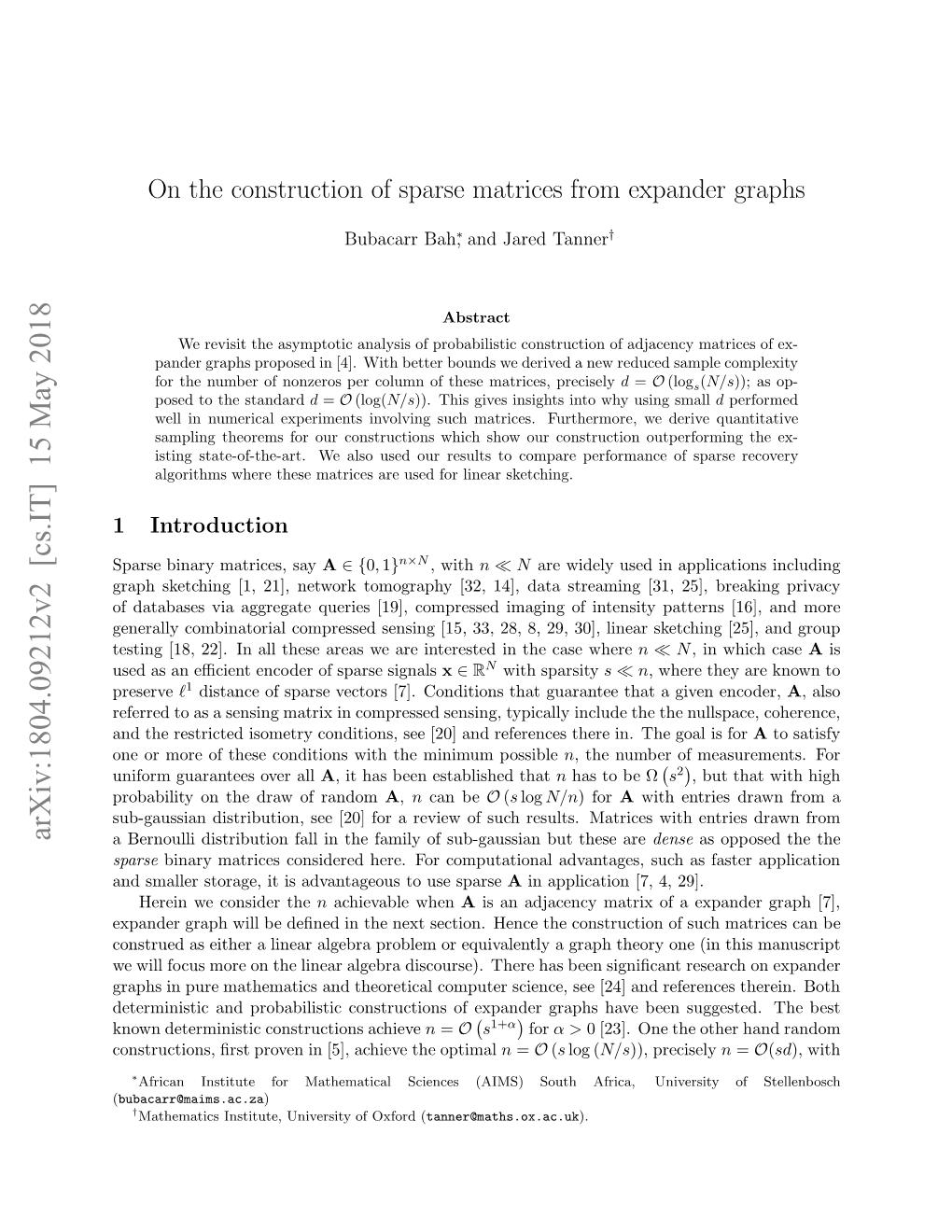 On the Construction of Sparse Matrices from Expander Graphs