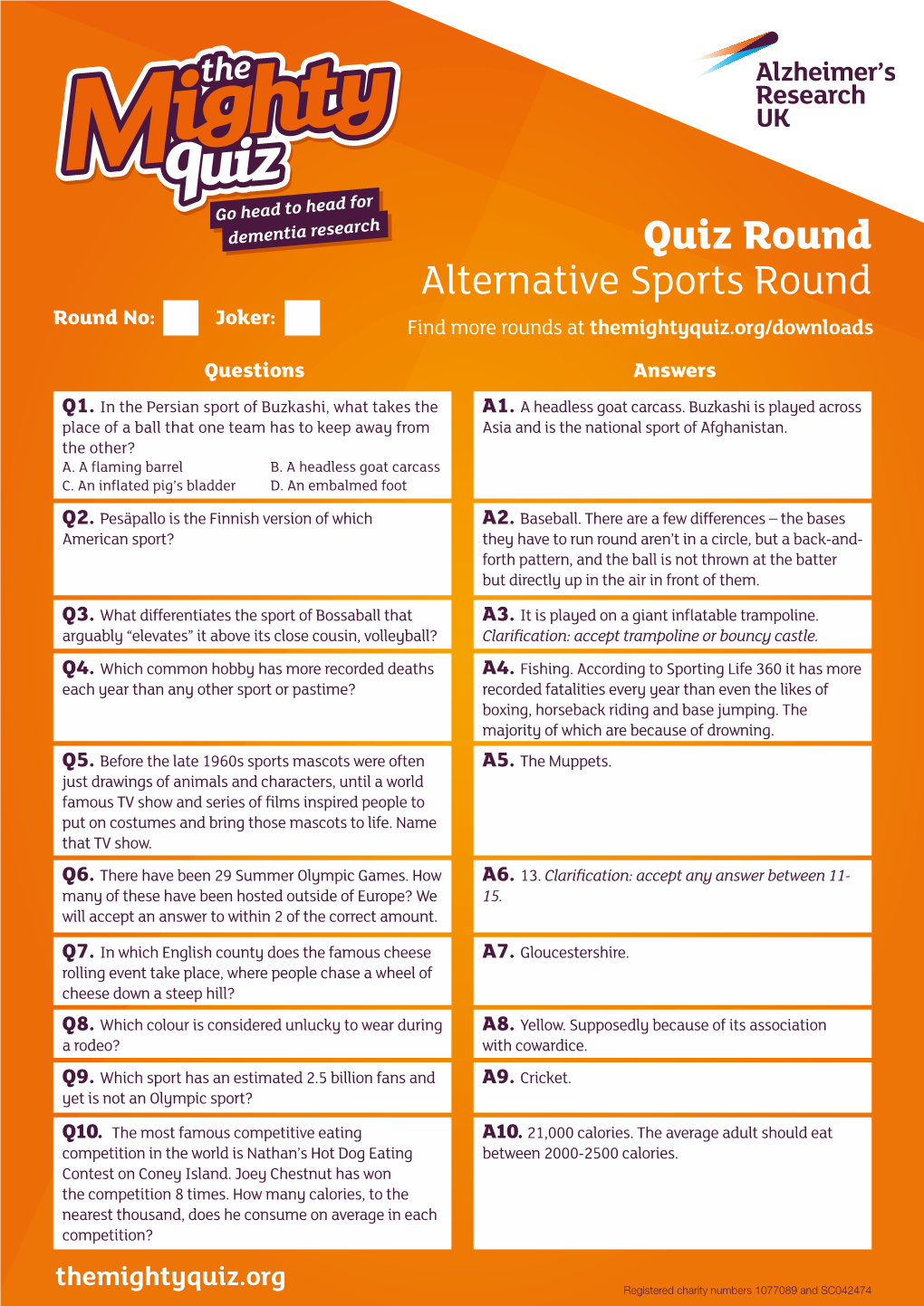 Quiz Round Alternative Sports Round Round No: Joker: Find More Rounds at Themightyquiz.Org/Downloads Questions Answers Q1