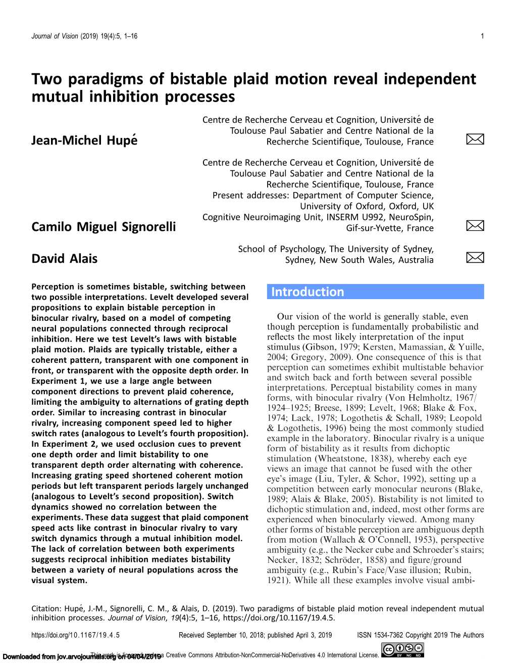 Two Paradigms of Bistable Plaid Motion Reveal Independent Mutual