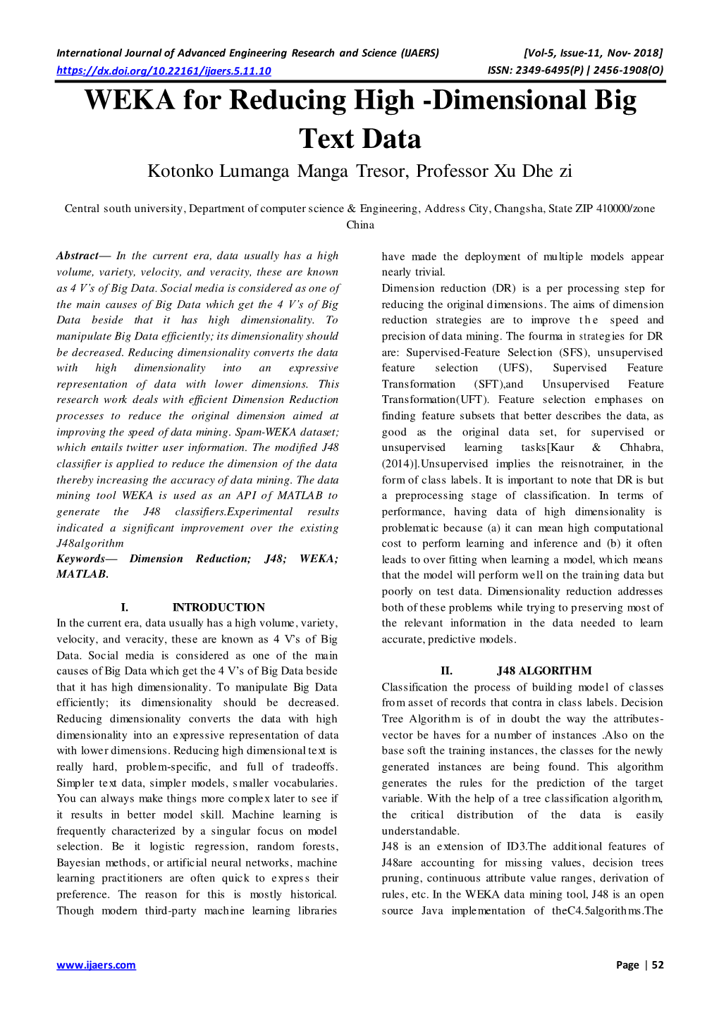 WEKA for Reducing High -Dimensional Big Text Data Kotonko Lumanga Manga Tresor, Professor Xu Dhe Zi