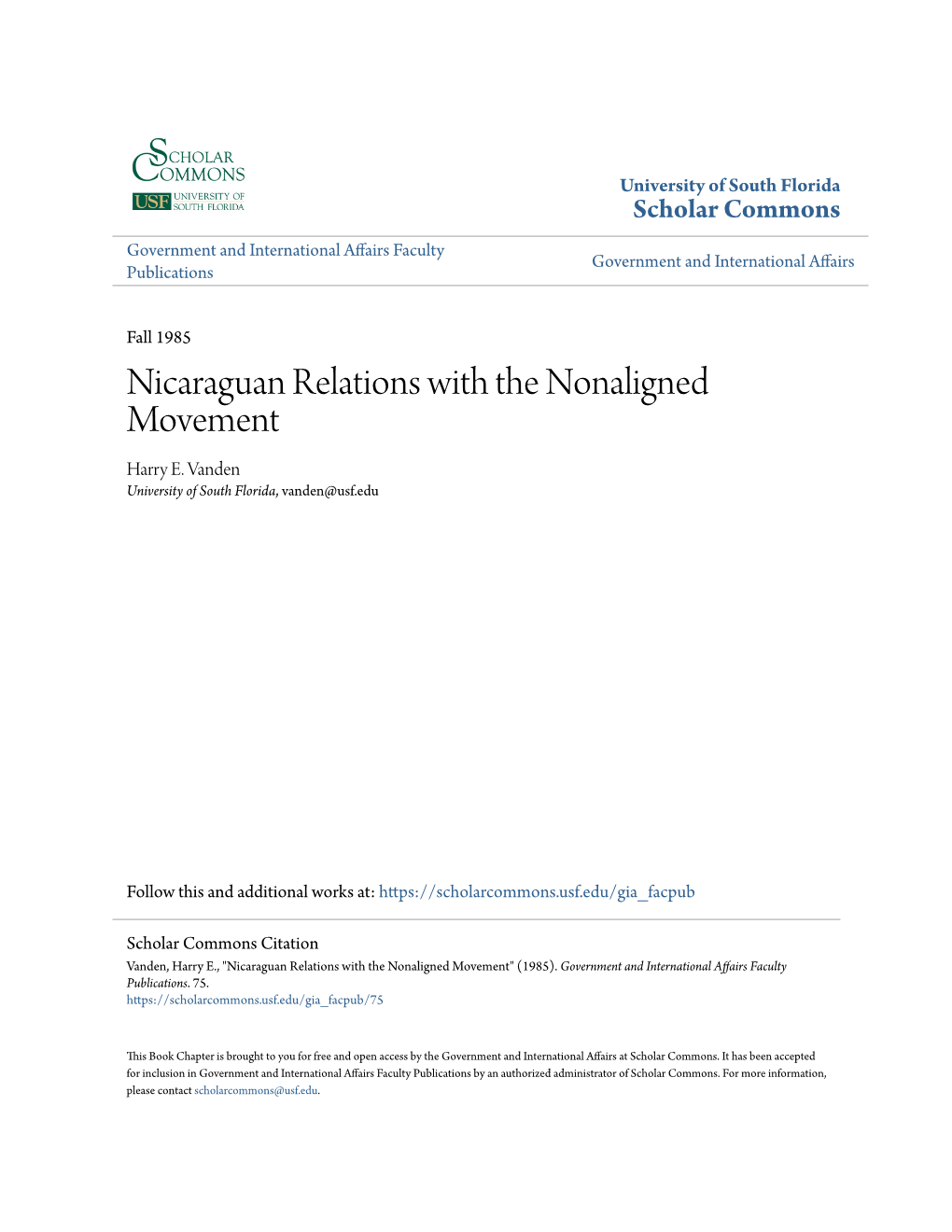 Nicaraguan Relations with the Nonaligned Movement Harry E