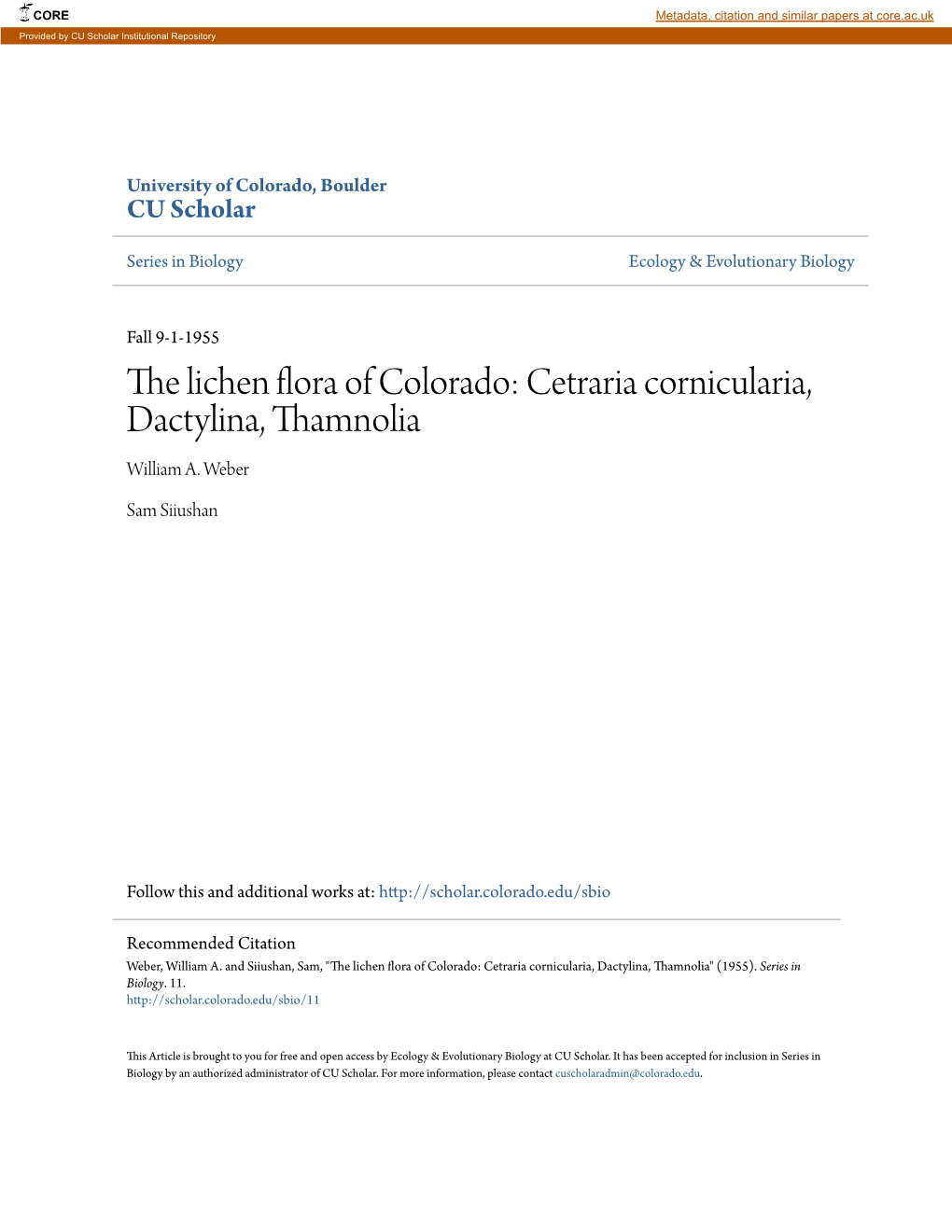 The Lichen Flora of Colorado: Cetraria Cornicularia, Dactylina, Thamnolia William A