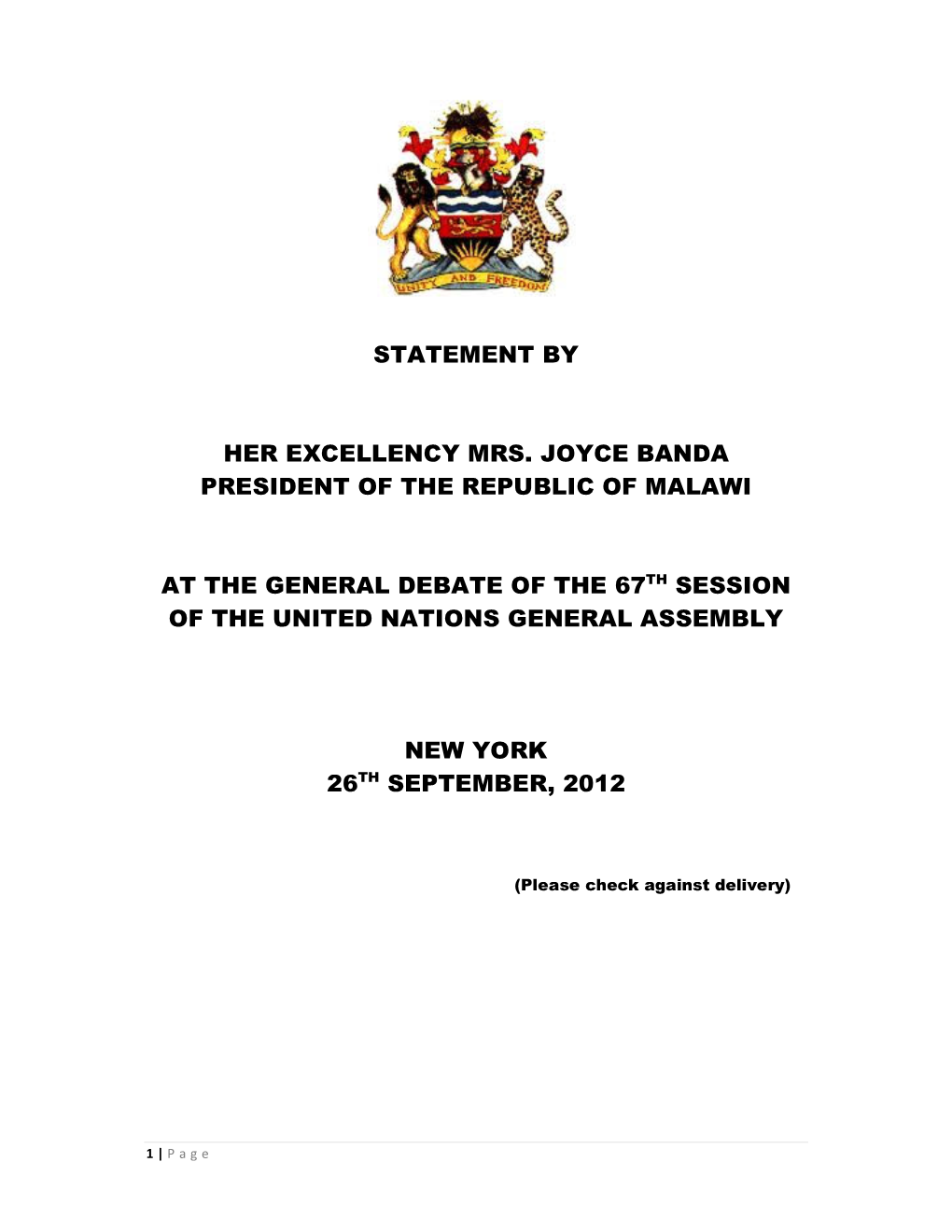 Statement by Her Excellency Mrs. Joyce Banda President