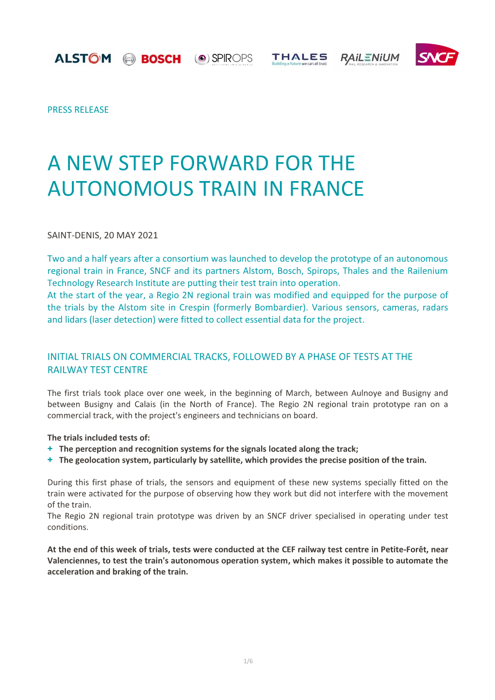 A New Step Forward for the Autonomous Train in France