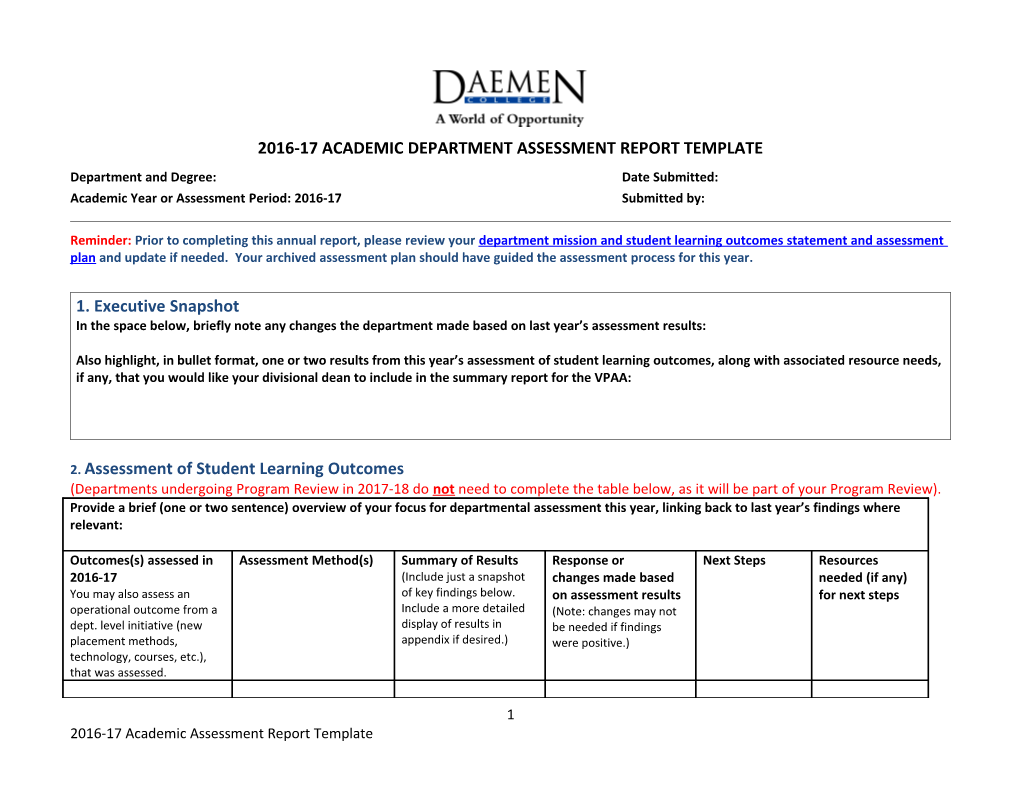 ACADEMIC DEPARTMENT ASSESSMENT REPORT: Pilot Short Form Template 2008