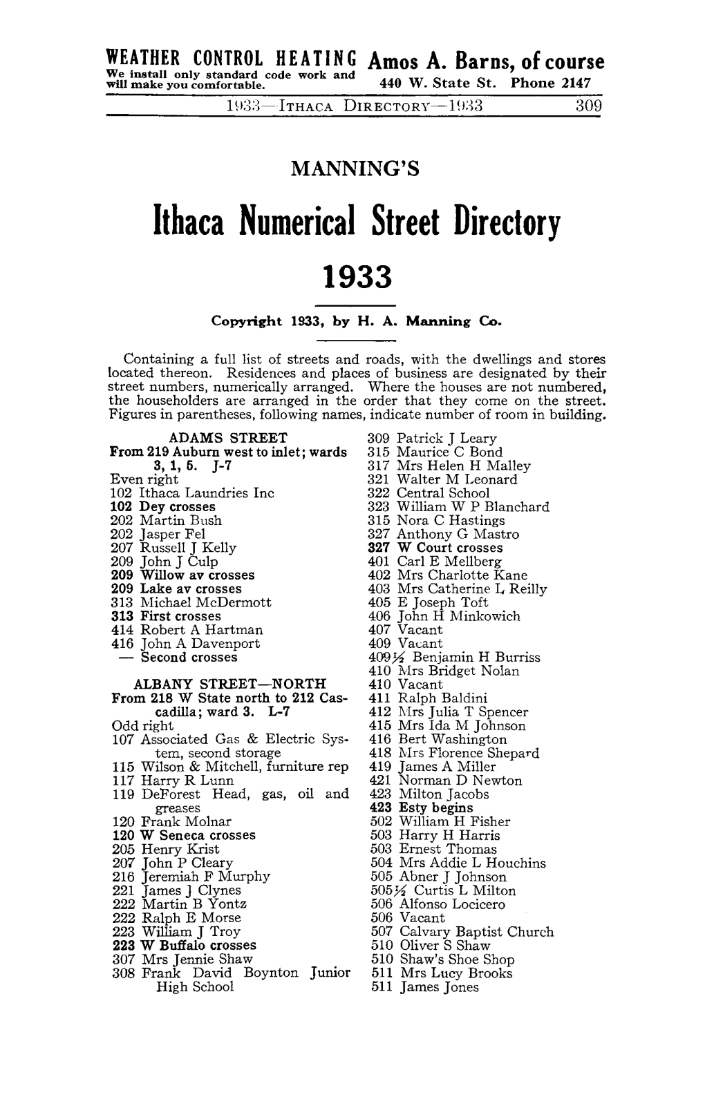 Ithaca Numerical Street Directory 1933