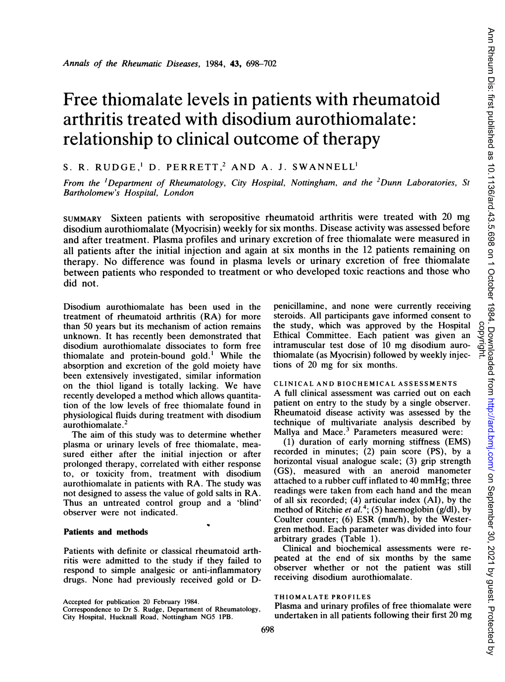 Arthritis Treated with Disodium Aurothiomalate: Relationship to Clinical Outcome of Therapy