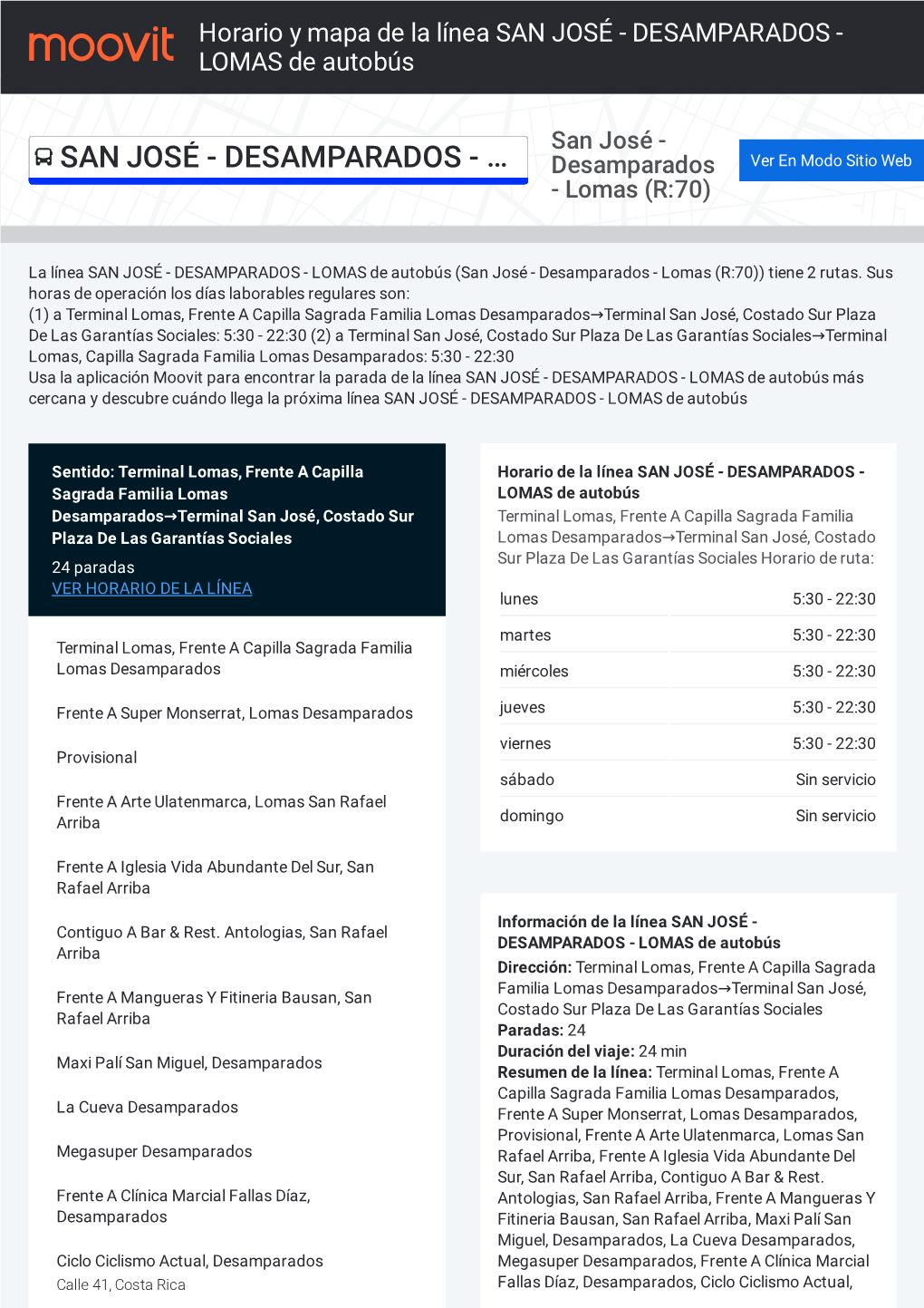 Horario Y Mapa De La Línea SAN JOSÉ - DESAMPARADOS - LOMAS De Autobús