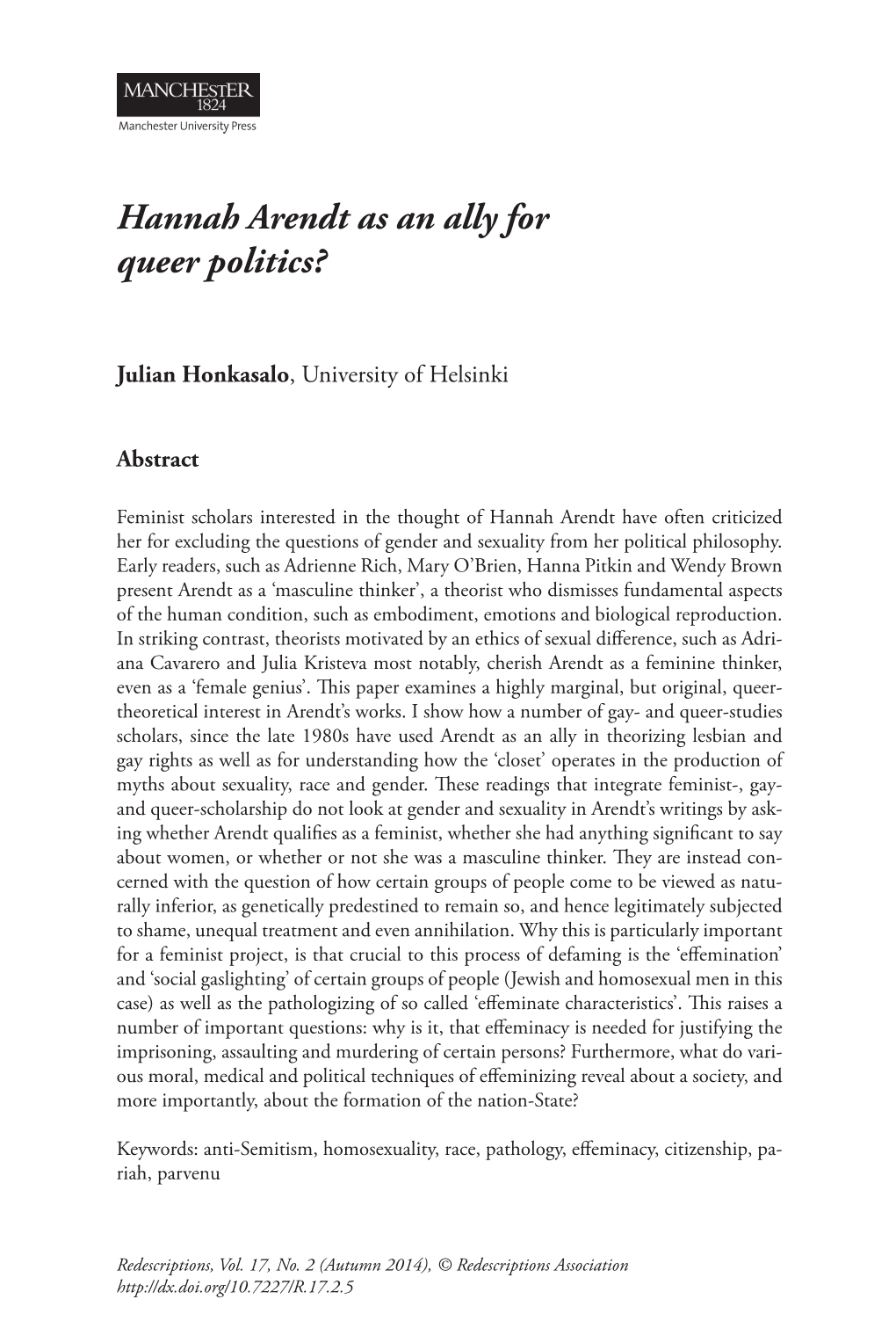 Hannah Arendt As an Ally for Queer Politics?