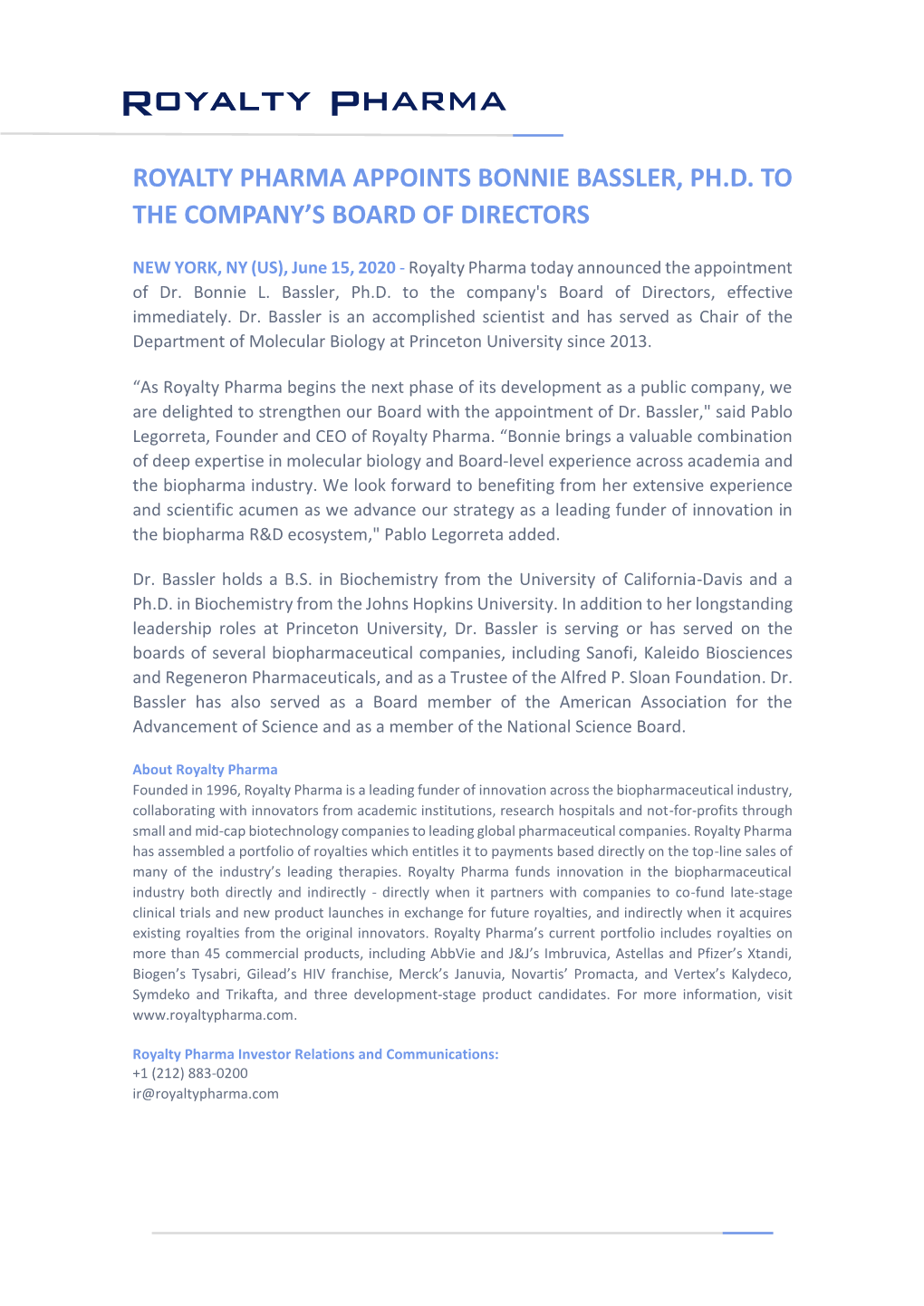 Royalty Pharma Appoints Bonnie Bassler, Ph.D. to the Company’S Board of Directors