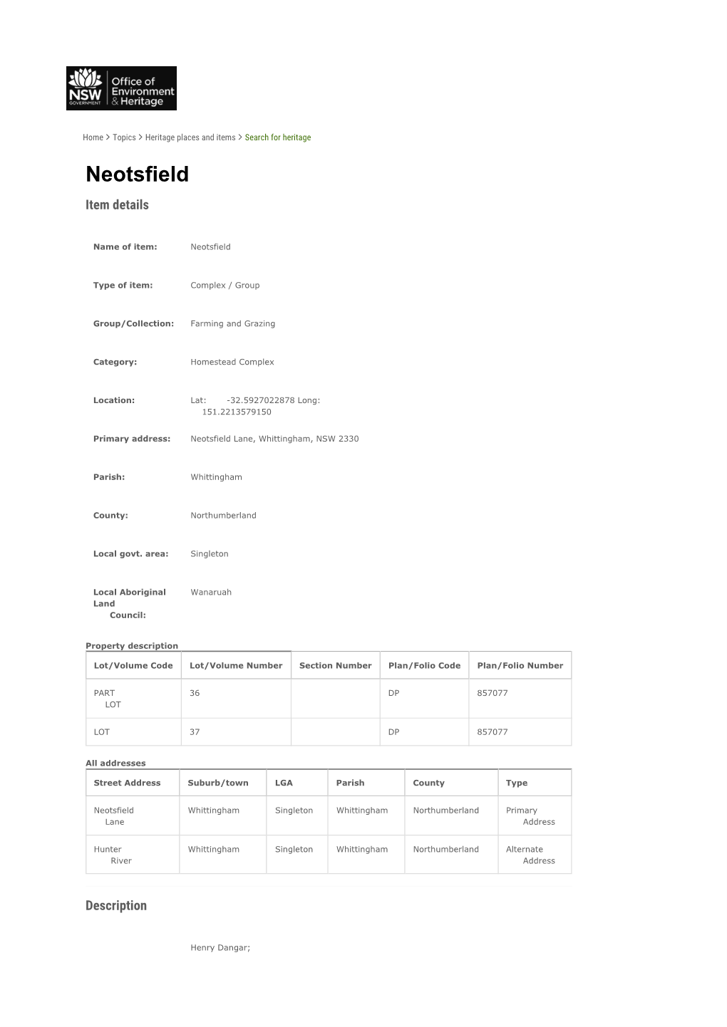 Neotsfield | NSW Environment & Heritage