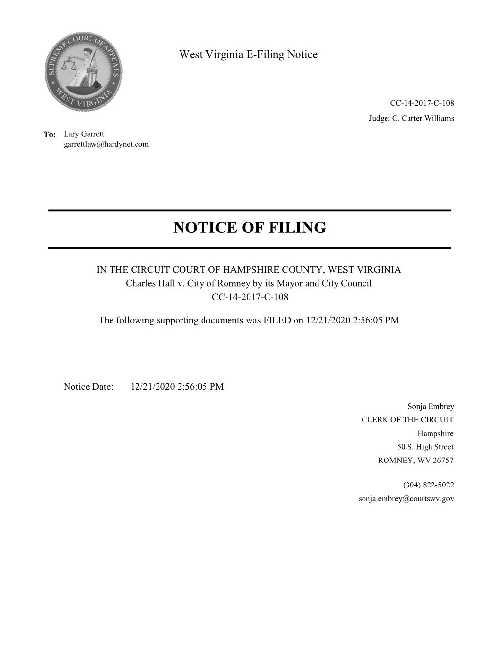 Notice of Filing