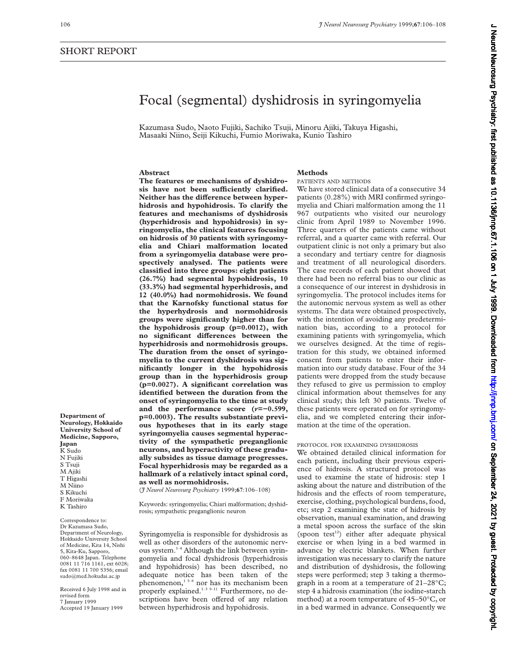 Dyshidrosis in Syringomyelia