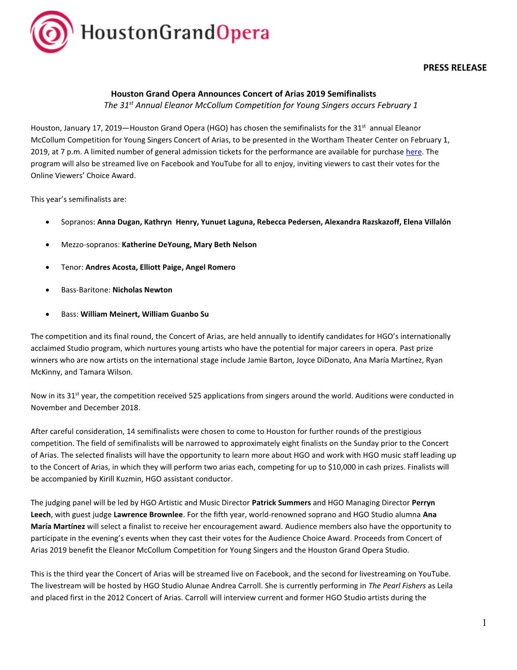 Houston Grand Opera Announces Concert of Arias 2019 Semifinalists the 31St Annual Eleanor Mccollum Competition for Young Singers Occurs February 1