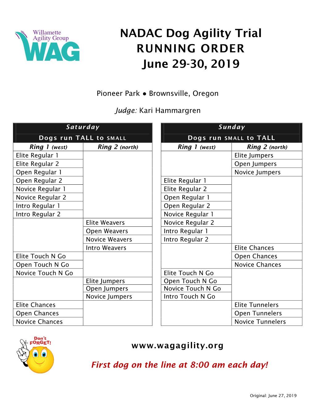 NADAC Dog Agility Trial RUNNING ORDER June 29-30, 2019