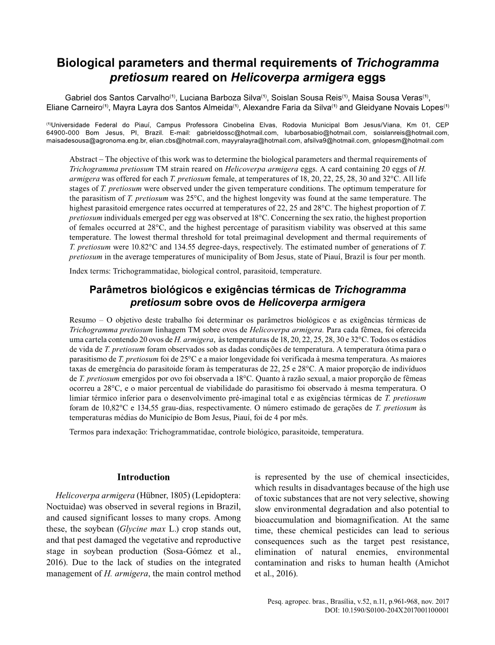 Biological Parameters and Thermal Requirements of Trichogramma Pretiosum Reared on Helicoverpa Armigera Eggs