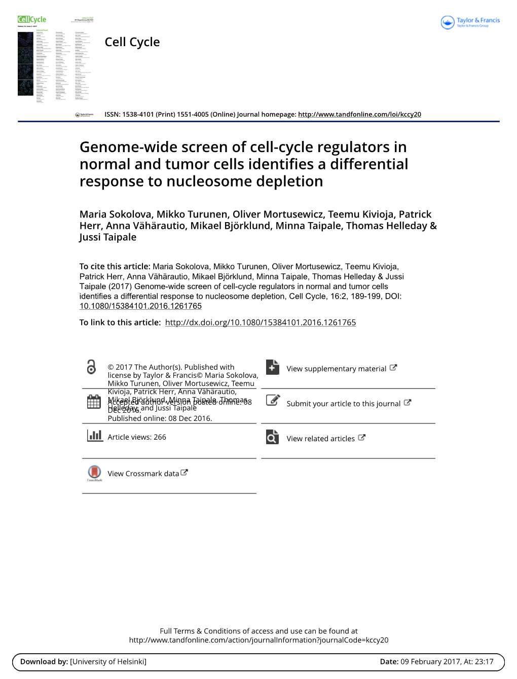 Genome-Wide Screen of Cell-Cycle Regulators in Normal and Tumor Cells Identifies a Differential Response to Nucleosome Depletion