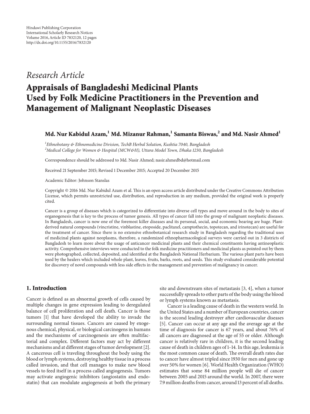 Research Article Appraisals of Bangladeshi Medicinal Plants Used by Folk Medicine Practitioners in the Prevention and Management of Malignant Neoplastic Diseases