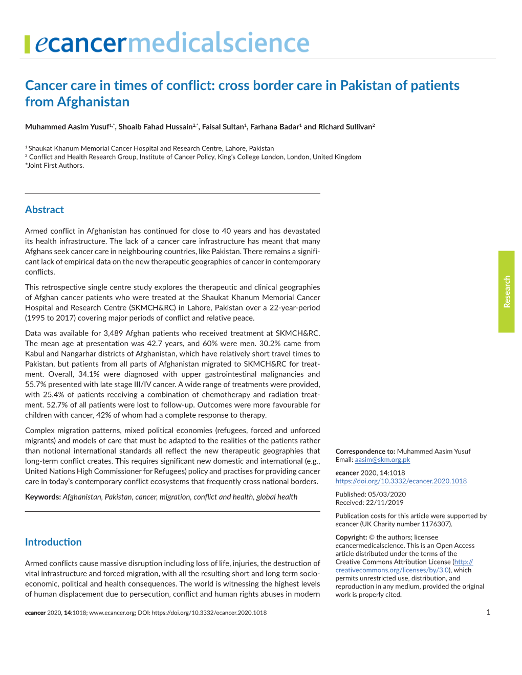 Cross Border Care in Pakistan of Patients from Afghanistan