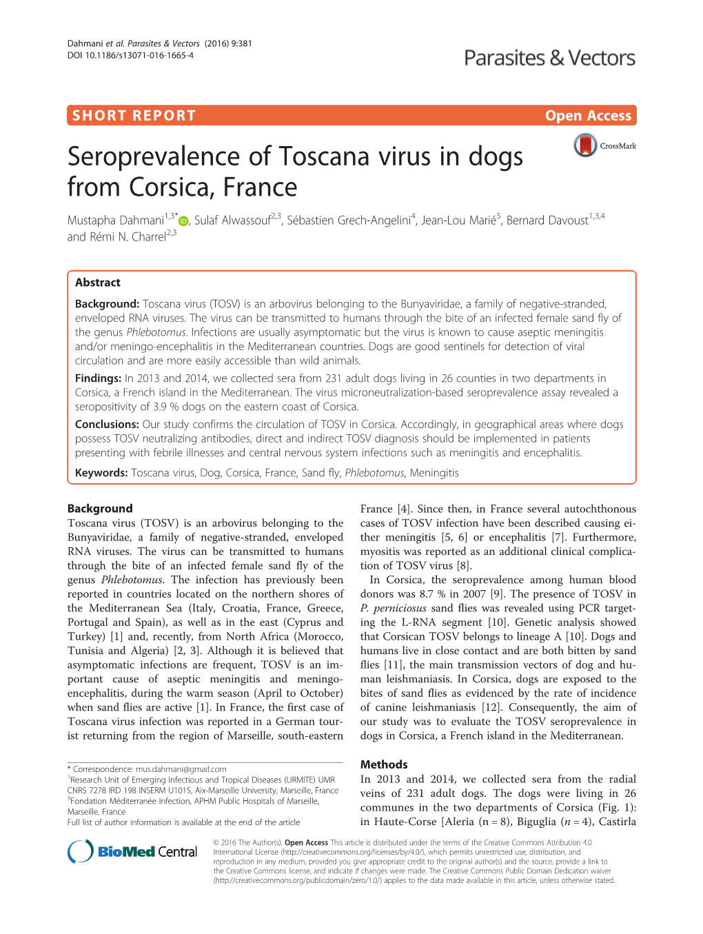 Seroprevalence of Toscana Virus in Dogs from Corsica, France