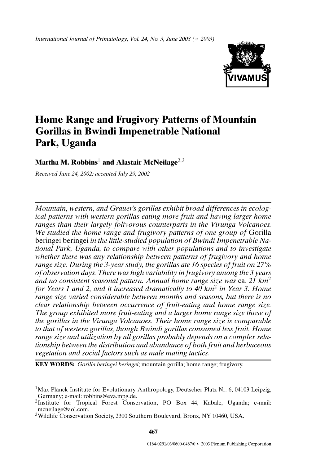 Home Range and Frugivory Patterns of Mountain Gorillas in Bwindi Impenetrable National Park, Uganda