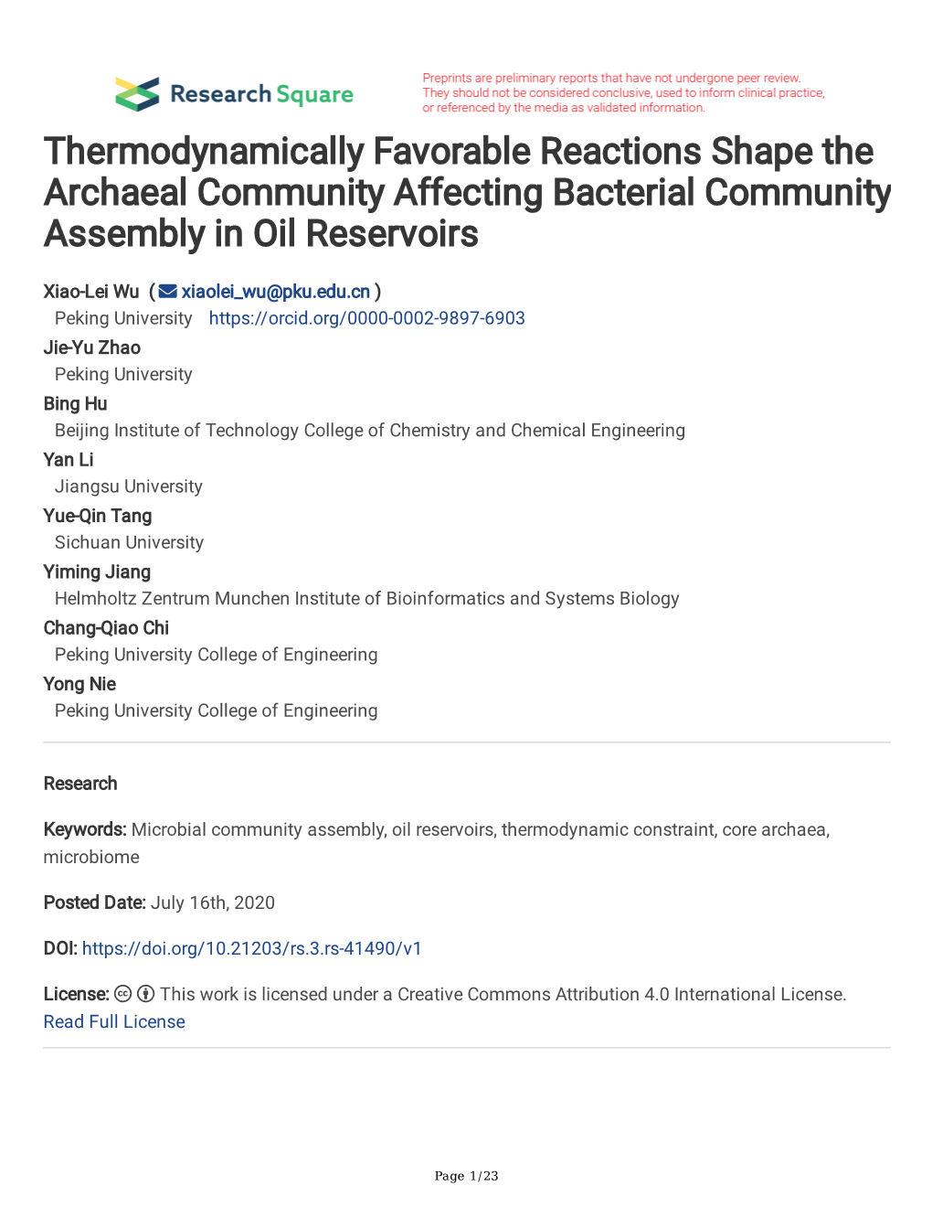 Thermodynamically Favorable Reactions Shape the Archaeal Community Affecting Bacterial Community Assembly in Oil Reservoirs