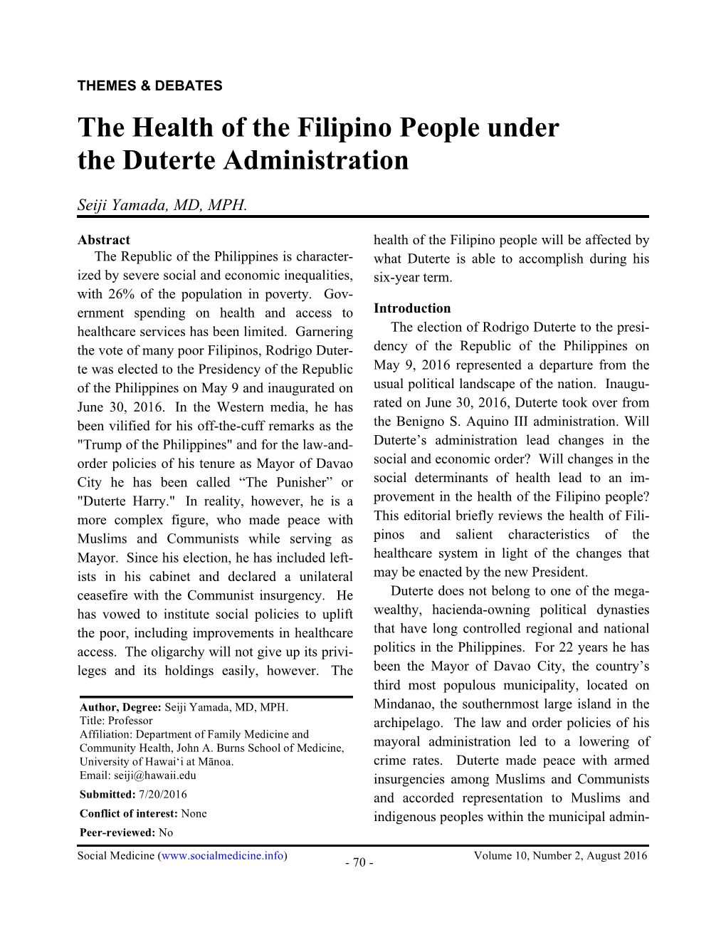 The Health of the Filipino People Under the Duterte Administration