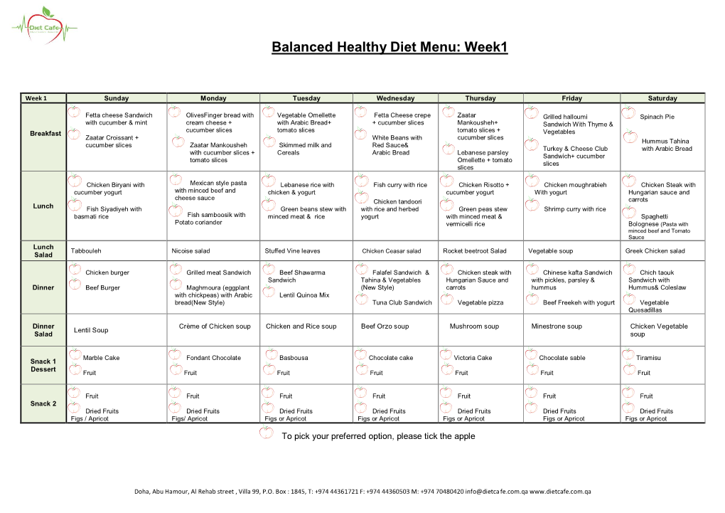 Balanced Healthy Diet Menu: Week1