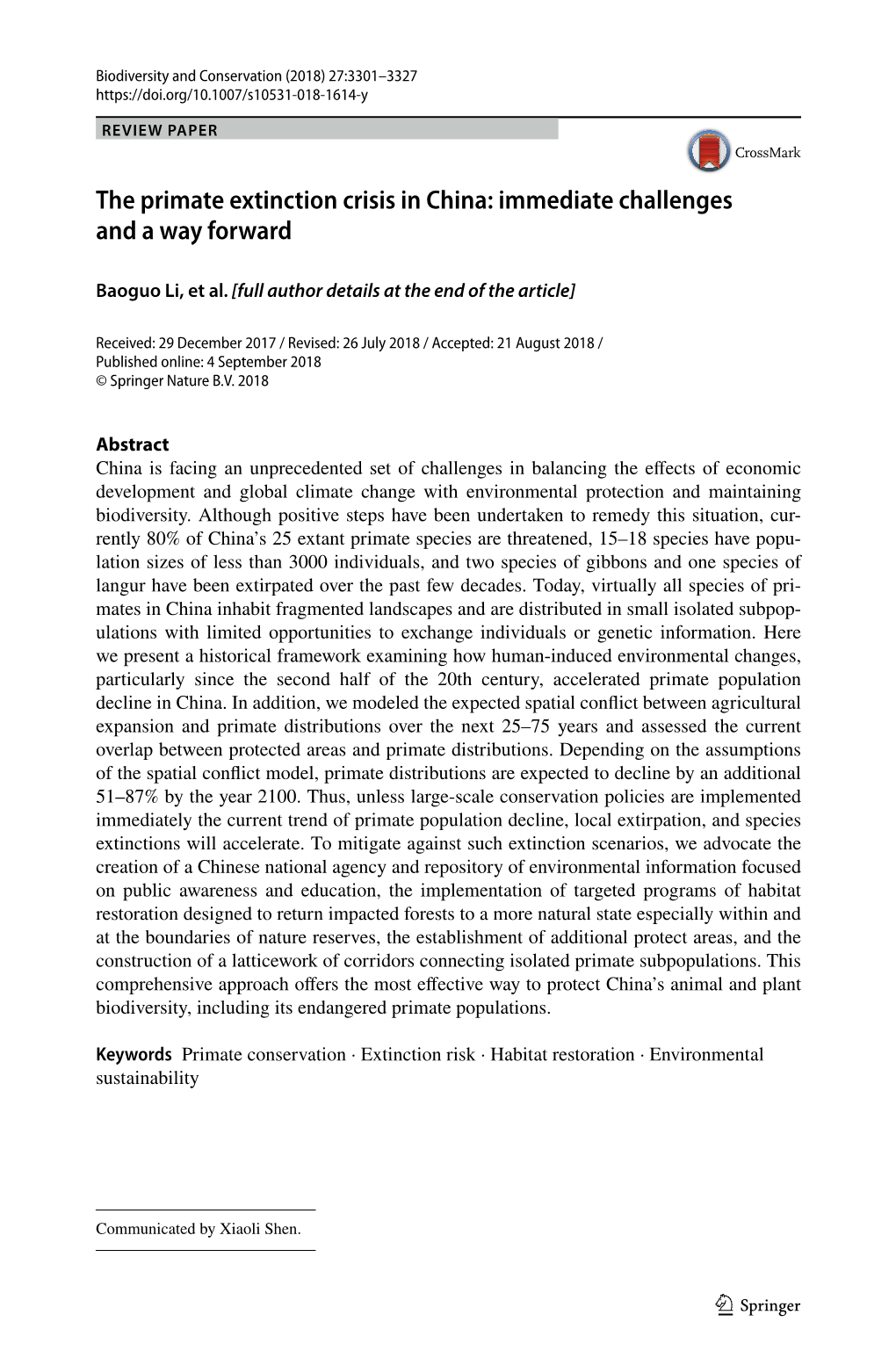 The Primate Extinction Crisis in China: Immediate Challenges and a Way Forward