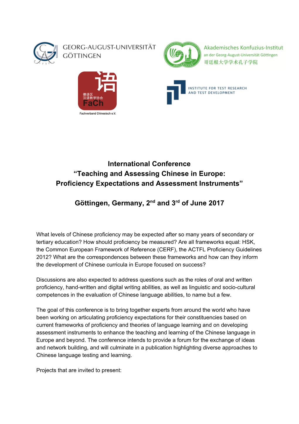 International Conference “Teaching and Assessing Chinese in Europe: Proficiency Expectations and Assessment Instruments”