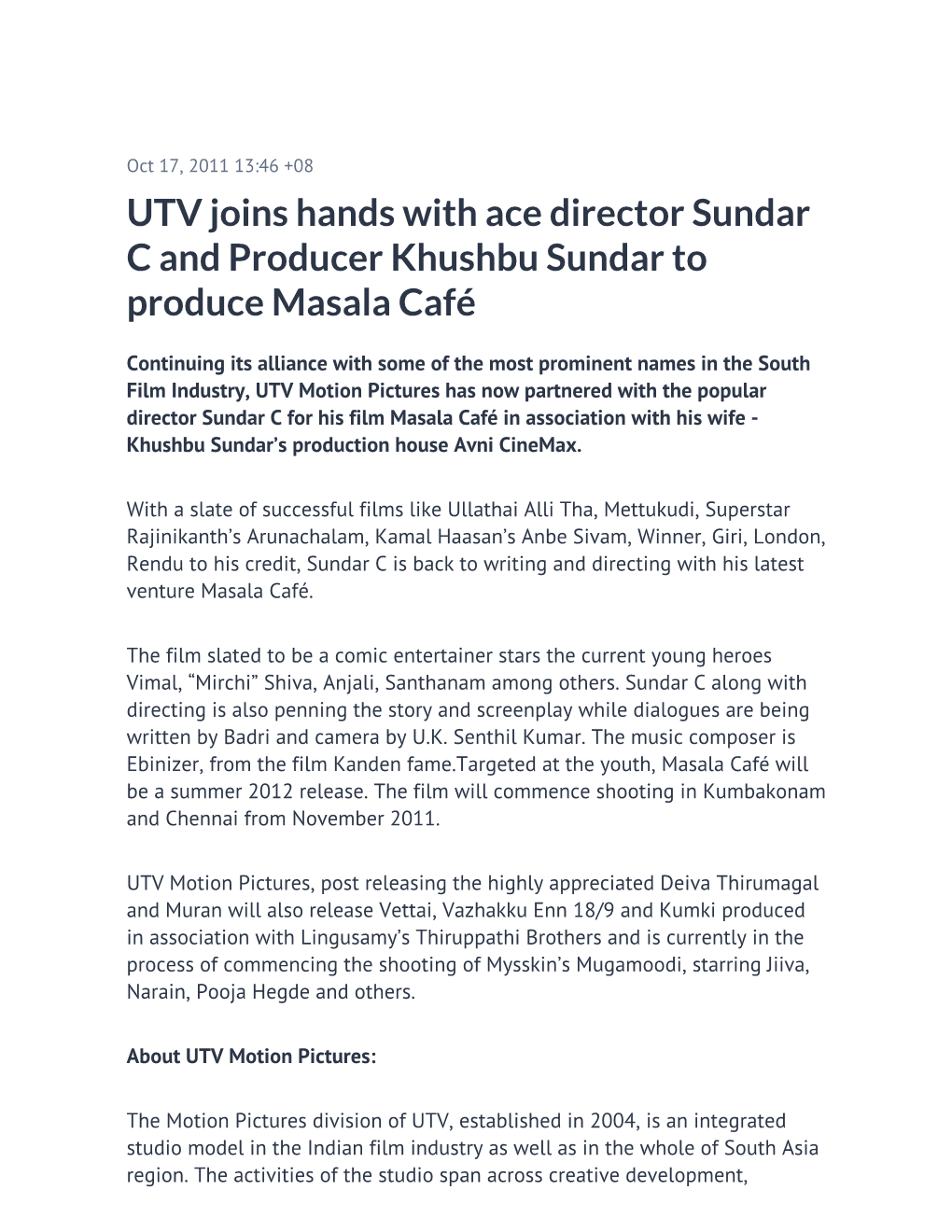 UTV Joins Hands with Ace Director Sundar C and Producer Khushbu Sundar to Produce Masala Café